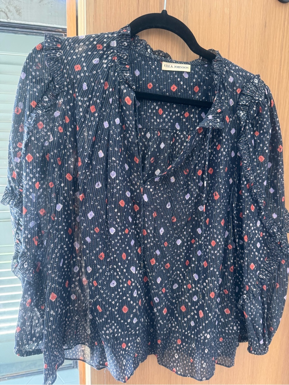 Ulla Johnson Willa Navy Blouse - Black with Red & Lavender Accents
